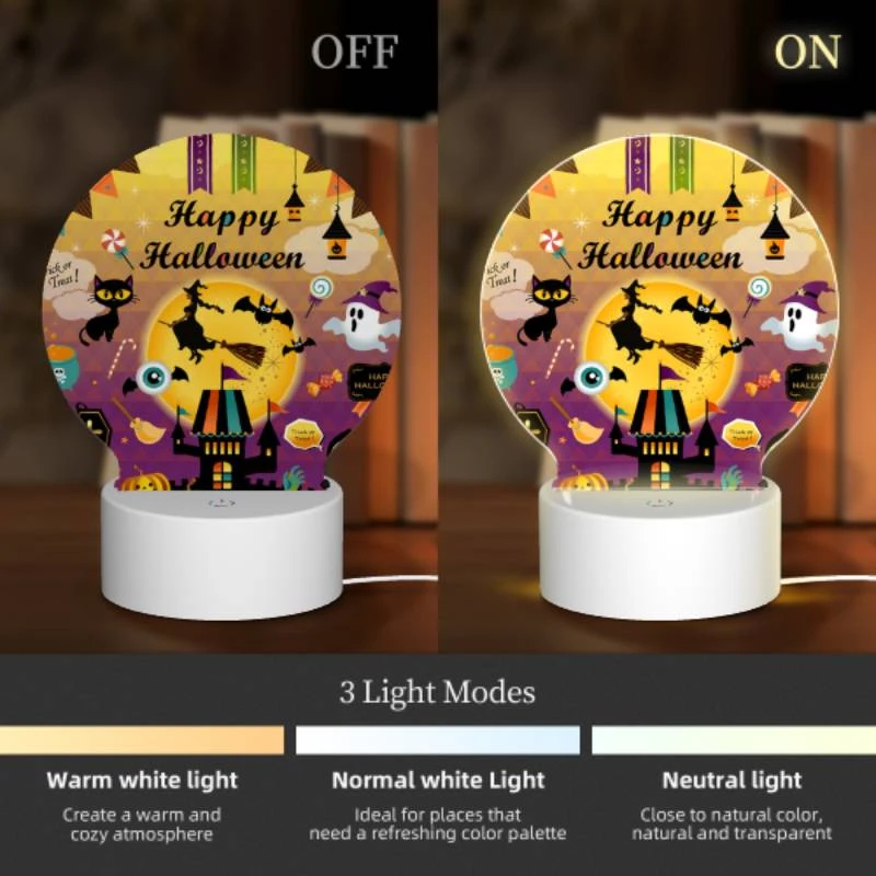 Round Acrylic Night Light, A colorful poster with Halloween decorations and a witch on a broom. Round Acrylic Night Light, A Colorful Poster With Halloween Decorations And A Witch On A Broom. -Acrylic Night Light Shop 000f00ce133b5dc4ae89baf7c7dd2ec1bbad4e70