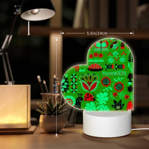 Love Acrylic Night Light, A Green And Red Patterned Fabric With Various Plants And Animals On It. -Acrylic Night Light Shop 0013ef4d0b4aa2d919b71650ba7b623686e747c5