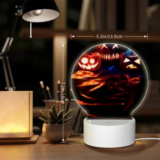 Round Acrylic Night Light, Three Pumpkins With Faces Carved Into Them Are Sitting On A Table. -Acrylic Night Light Shop 0153597955738c08c9a5c50e1ea50fe82a0bf89b