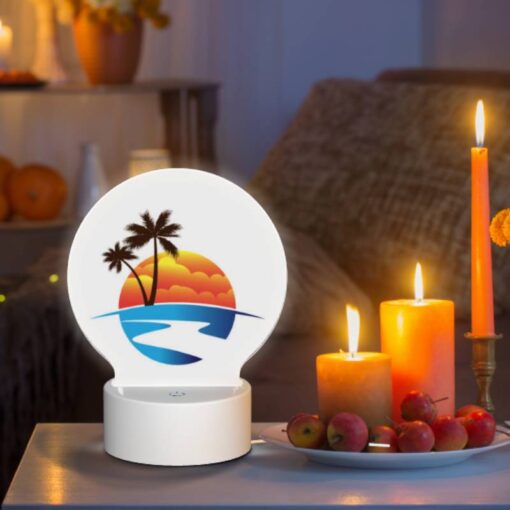 Round Acrylic Night Light, A Sunset With A Beach And Palm Trees. -Acrylic Night Light Shop 02523d5a4db149d3919d9c120ec19a5047ba5ad9