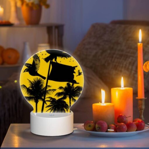 Round Acrylic Night Light, A Black And White Image Of A Bird Flying In Front Of A Yellow Flag. -Acrylic Night Light Shop 044ed5e7324ca05fcc587ed8eeaf6504c51420e7