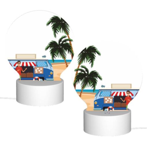Round Acrylic Night Light, A Man Stands In Front Of A Food Truck On A Beach. -Acrylic Night Light Shop 045c0ad7e2574875e6633ab32cb4648246e7473a