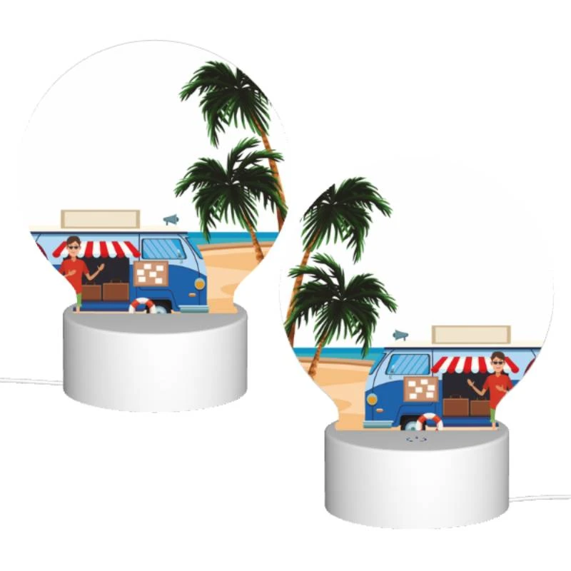 Round Acrylic Night Light, A man stands in front of a food truck on a beach. Round Acrylic Night Light, A Man Stands In Front Of A Food Truck On A Beach. -Acrylic Night Light Shop 045c0ad7e2574875e6633ab32cb4648246e7473a