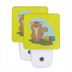 Night Light Set Of 2, A Cartoon Cat Is Sitting On The Ground And Says "Pets."