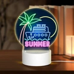 Round Acrylic Night Light, A Neon Sign That Says "Summer" With A Boat On It.