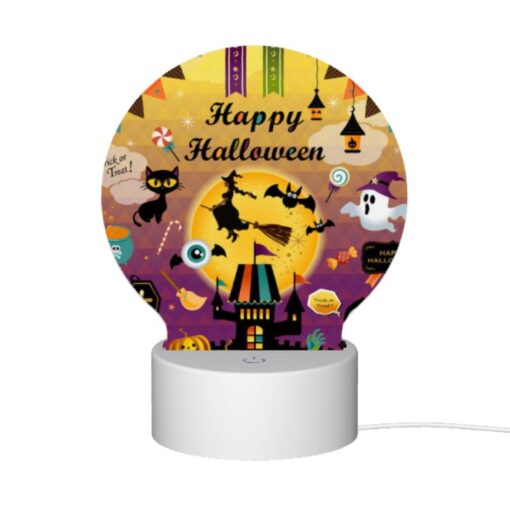 Round Acrylic Night Light, A Colorful Poster With Halloween Decorations And A Witch On A Broom. -Acrylic Night Light Shop 06484e9b833529947092a4061ae86382d508b4cb