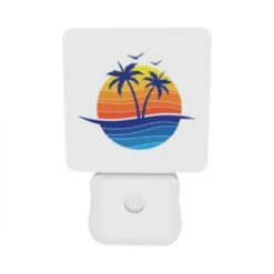Night Light Set Of 2, A Blue And Orange Logo Of A Beach With Palm Trees. -Acrylic Night Light Shop 0681ae6c17cc8726dd132a2f6c26cf0e72926c94