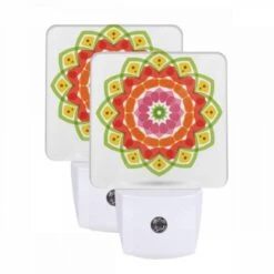 Night Light Set Of 2, A Colorful Flower With Green And Orange Colors.