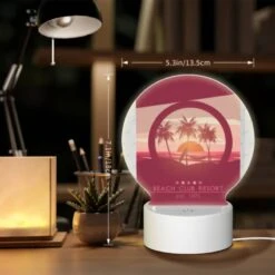 Round Acrylic Night Light, A Poster Of A Beach Resort With A Sunset In The Background. -Acrylic Night Light Shop 07884fa512e4bebf114ae6d5324352a2dd0ac60a