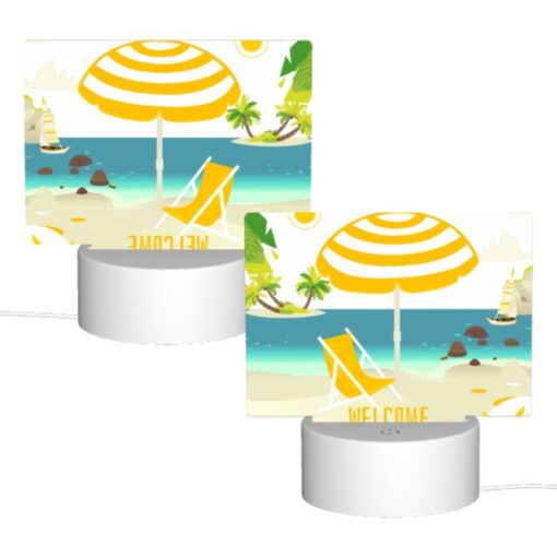 Rectangular Acrylic Night Light, A Yellow And White Umbrella Is Set Up On A Beach -Acrylic Night Light Shop 07a0ed873a14b5585b229340996af7595b742bf3