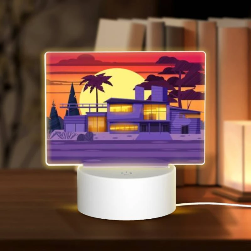 Rectangular Acrylic Night Light, A house with a purple roof and a sunset in the background. Rectangular Acrylic Night Light, A House With A Purple Roof And A Sunset In The Background. -Acrylic Night Light Shop 09d69fb3436b230b89e939361aad6ac5f993109c