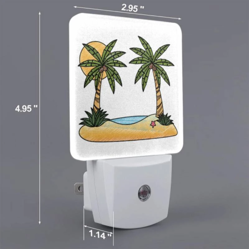 Night Light Set of 2, A cartoon drawing of a tropical island with two palm trees and a sun. Night Light Set Of 2, A Cartoon Drawing Of A Tropical Island With Two Palm Trees And A Sun. -Acrylic Night Light Shop 09ef9f127f2d8f800238318342c575fd81324f44