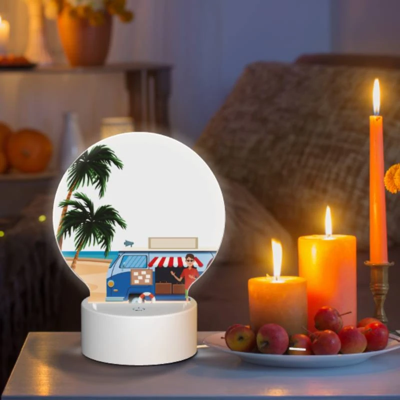 Round Acrylic Night Light, A man stands in front of a food truck on a beach. Round Acrylic Night Light, A Man Stands In Front Of A Food Truck On A Beach. -Acrylic Night Light Shop 0be2c8d2e8be75eb38940acd085b2b595674c99b