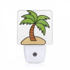 Night Light, A Cartoon Drawing Of A Palm Tree On A Sandy Beach.