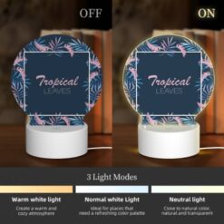 Round Acrylic Night Light, A Tropical Leaves Design With A Pink And Blue Color Scheme. -Acrylic Night Light Shop 0c5730a5c674ecd92a3737582c9779fde8a787b9
