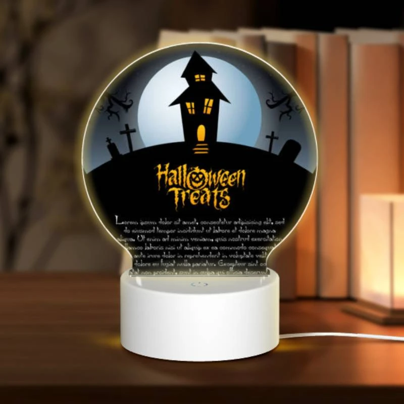 Round Acrylic Night Light, A Halloween treat poster with a house and a moon. Round Acrylic Night Light, A Halloween Treat Poster With A House And A Moon. -Acrylic Night Light Shop 0d8dd08539fc634e24c1717cf01f40222d51fb74