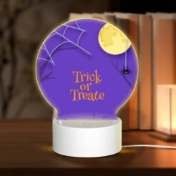 Round Acrylic Night Light, A Spooky Halloween Scene With A Spider Hanging From A Tree And A Full Moon In The Background.