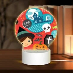 Round Acrylic Night Light, A Halloween Themed Image With A Girl And Various Halloween Symbols.