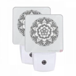 Night Light Set Of 2, A Black And White Design Of A Flower.