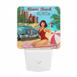 Night Light, A Woman In A Red Bathing Suit Sits On A Towel In Front Of A Vintage Car. -Acrylic Night Light Shop 11b02edc382e2ef91bcb984a1400b6bd31a90d2a