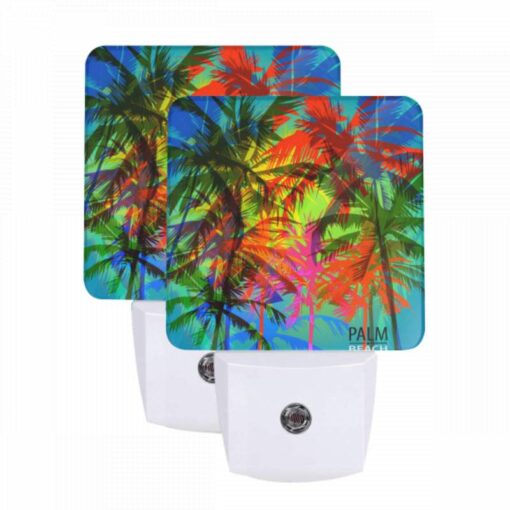 Night Light Set Of 2, A Colorful Image Of Palm Trees With A Logo That Reads "Palm Beach." -Acrylic Night Light Shop 121a1f5d7a4092c41c7f5d48ecfefc2672ed91e2
