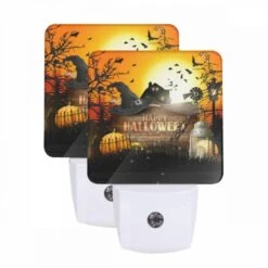 Night Light Set Of 2, A Halloween Poster With A Witch's Hat And A House In The Background.
