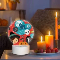 Round Acrylic Night Light, A Halloween Themed Image With A Girl And Various Halloween Symbols. -Acrylic Night Light Shop 13b15ec79fa148c72d02a162029c8110fb75c30e