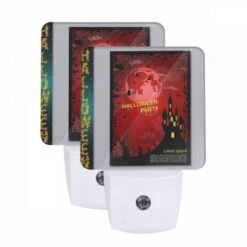 Night Light Set Of 2, A Poster With A Castle And A Spider Web On It.