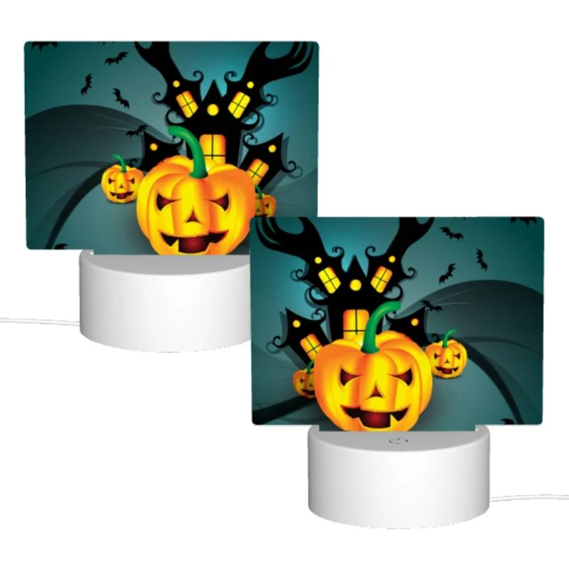 Rectangular Acrylic Night Light, A pumpkin with a face on it is shown in front of a haunted house. Rectangular Acrylic Night Light, A Pumpkin With A Face On It Is Shown In Front Of A Haunted House. -Acrylic Night Light Shop 161395a91bdcba8d0a61fc62b09618f54d6f80de