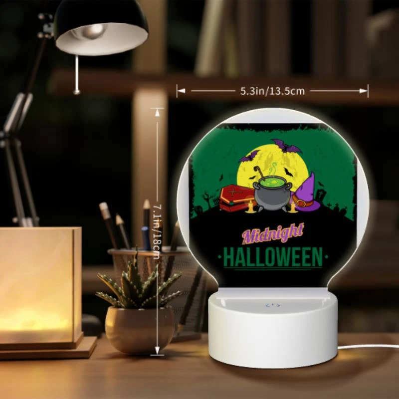 Round Acrylic Night Light, A poster with a witches hat and a cauldron with a green background. Round Acrylic Night Light, A Poster With A Witches Hat And A Cauldron With A Green Background. -Acrylic Night Light Shop 161c02f0ac922976bafef301f3709e399e8cc9b4