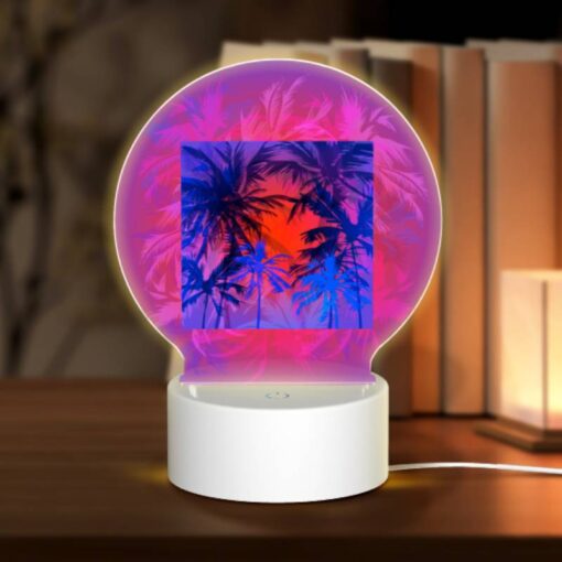 Round Acrylic Night Light, A Colorful Image Of Palm Trees With A Pink And Blue Background. -Acrylic Night Light Shop 1626c2f39884b9c852499a2cd65706da930bc205