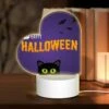 Love Acrylic Night Light, A Black Cat With Green Eyes Is Sitting In Front Of A Purple Background With Bats Flying Around.