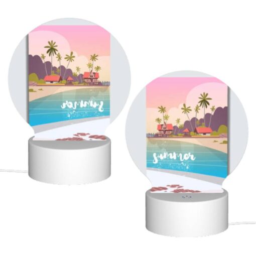 Round Acrylic Night Light, A Colorful Cartoon Of A Beach With A House And Palm Trees. -Acrylic Night Light Shop 167f21a8317c84992287922f1624a0ddb08af48b