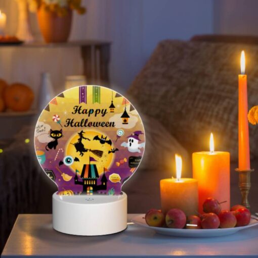 Round Acrylic Night Light, A Colorful Poster With Halloween Decorations And A Witch On A Broom. -Acrylic Night Light Shop 16d2be5b908363e4f431878a6dd5070b243efbd6