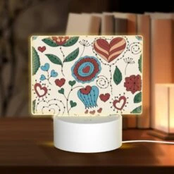 Rectangular Acrylic Night Light, A Colorful Floral Pattern With Hearts And Leaves.