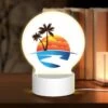 Round Acrylic Night Light, A Sunset With A Beach And Palm Trees.