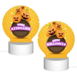 Round Acrylic Night Light, A Round Sign With A Bunch Of Pumpkins On It That Says "Happy Halloween". -Acrylic Night Light Shop 18efa691d2f72c4697b029734c23212a0e4efa23