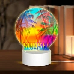Round Acrylic Night Light, A Colorful Sunset With A Beach Party Logo.