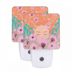 Night Light Set Of 2, A Woman With Red Hair Is Surrounded By Flowers.