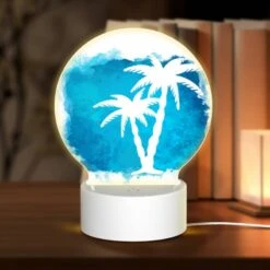 Round Acrylic Night Light, A Blue And White Painting Of A Palm Tree.
