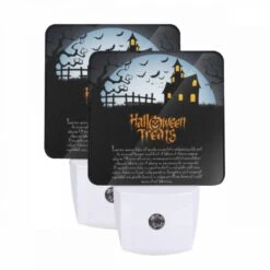 Night Light Set Of 2, A Halloween Treat Poster With A Spooky House And Bats.
