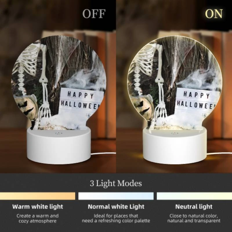 Round Acrylic Night Light, A skeleton and a pumpkin are placed next to a sign that reads "Happy Halloween." Round Acrylic Night Light, A Skeleton And A Pumpkin Are Placed Next To A Sign That Reads "Happy Halloween." -Acrylic Night Light Shop 1fca84df5b4202b869ac2647b82b4dcf9458ba83