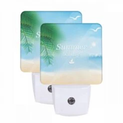 Night Light Set Of 2, A Picture Of A Beach With A Boat And Palm Trees.