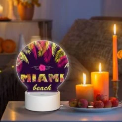 Round Acrylic Night Light, A Colorful Beach Scene With Palm Trees And The Word "Miami" Written In Yellow. -Acrylic Night Light Shop 2155cfe465f07ddad9b3bd155a616b828985a9fd