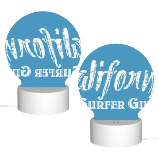 Round Acrylic Night Light, A Blue Sign That Says "California Surfer Girls.". -Acrylic Night Light Shop 2175bf21658c7c56de6e24df3a40b3c2e10ef6eb