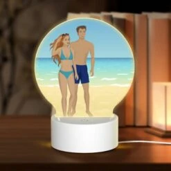 Round Acrylic Night Light, A Man And A Woman Are Walking On The Beach.