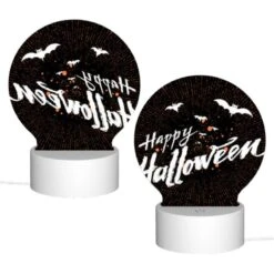 Round Acrylic Night Light, A Black And White Image Of Bats And The Words "Happy Halloween" Written In Orange. 1 Round Acrylic Night Light, A Black And White Image Of Bats And The Words "Happy Halloween" Written In Orange. -Acrylic Night Light Shop 234ffc068db8401b8c7290c37067452e049d46b8