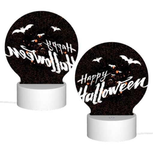 Round Acrylic Night Light, A Black And White Image Of Bats And The Words "Happy Halloween" Written In Orange. -Acrylic Night Light Shop 234ffc068db8401b8c7290c37067452e049d46b8