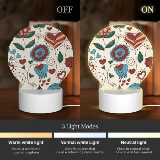 Round Acrylic Night Light, A Colorful Floral Pattern With Hearts And Leaves. -Acrylic Night Light Shop 23e0fcdda0931fdbb59b839a04c8f41d781cce43