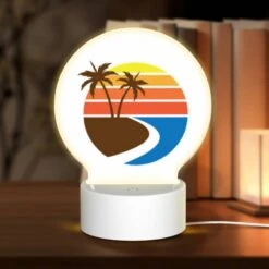 Round Acrylic Night Light, A Sunset With A Beach And Palm Trees.